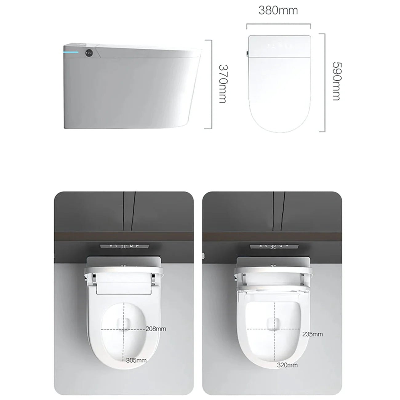 Diagram of the Refurne Japanese Wall Hung Smart Bidet Toilet Frame Set with Concealed Tank—370mm height, 380mm width, 590mm depth. Seat top views: 208mm, 305mm, 235mm, 320mm; fits Japanese-style bidet fittings. Features: heated seat, remote, touchless.