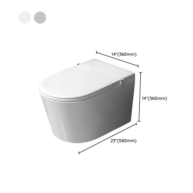 Refurne Modern Japanese Wall-Mounted Smart Toilet with heated seat, remote control, and advanced hygiene features shown at an angle with closed lid. Dimensions: 14x14x23 (360x360x580mm). Gray and beige color swatches in upper left corner.