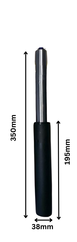 The Refurne Vitra Eames Replacement Gas Lift Cylinder features a black handle, silver shaft, and key dimensions (195mm/215mm/230mm heights), making it ideal for upgrading your office chair. Arrows on the product show important measurements.