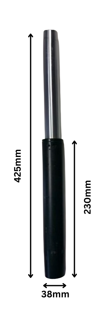 The Refurne Vitra Eames Replacement Gas Lift Cylinder (230mm) has a silver top, black base, and measures 425mm tall by 38mm wide. Dimension arrows and labels are featured in the image.