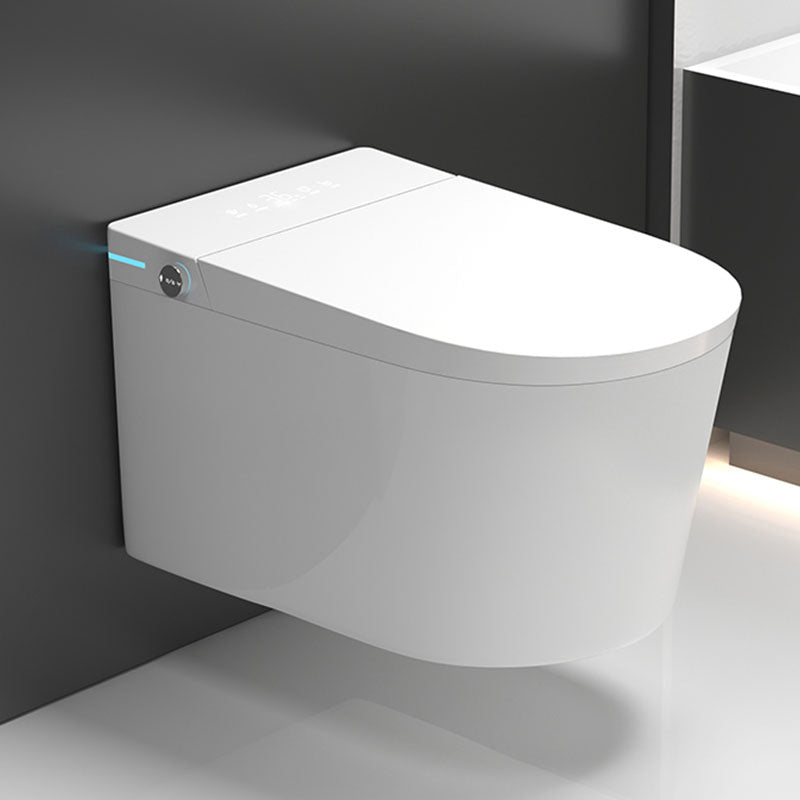 The Refurne Japanese Wall Hung Smart Bidet Toilet Frame Set features a concealed water tank, heated seat, remote control, touchless operation, P-trap, UV sterilization, and instant heating in a modern white design against a dark gray bathroom wall.
