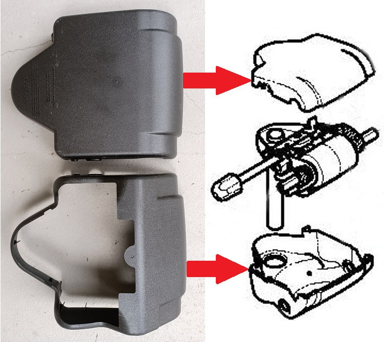 Two black plastic Refurne Mechanism Covers for the Herman Miller Classic Aeron Chair are shown on the left, each with a red arrow pointing right to a diagram showing their OEM replacement position in the assembly.