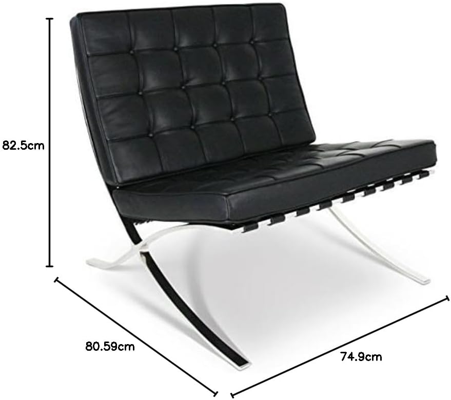 Refurne Barcelona Style Chair & Ottoman Set features black leather upholstery, a modern tufted design, and a sturdy metal frame; dimensions: 82.5 cm H x 80.59 cm D x 74.9 cm W; brand new.