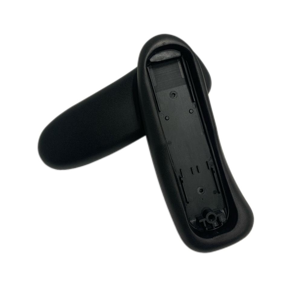 Two black remote control backs are displayed, one face up showing an empty battery compartment—both have a finish similar to the Refurne Herman Miller Aeron Remastered Replacement Armpads.