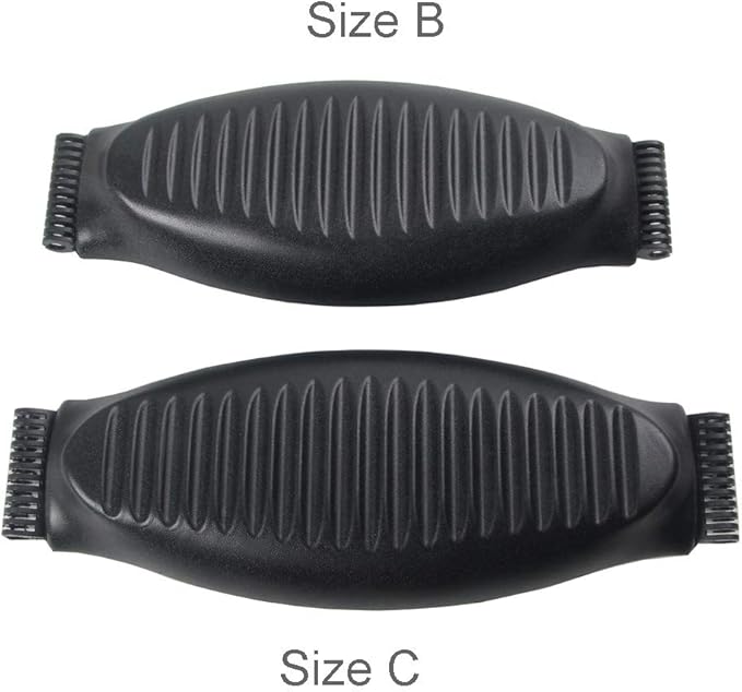 Two black, ribbed, oval lumbar supports by Refurne are shown side by side, labeled Size B and C. Designed for Herman Miller Aeron Chair A/B/C, they offer adjustable ergonomic support for enhanced comfort.
