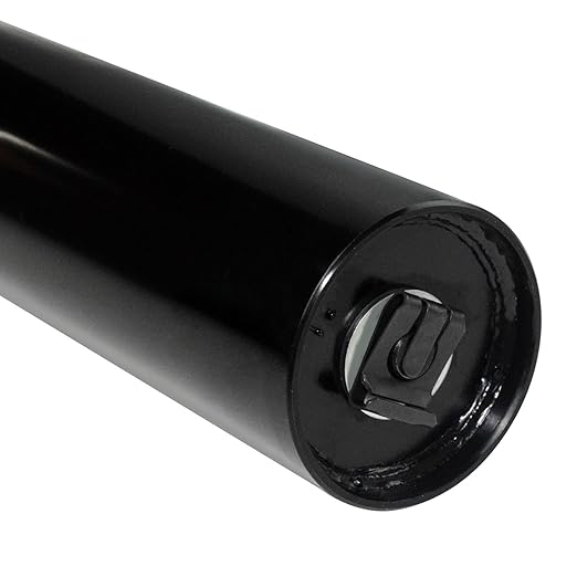 Close-up of a Refurne Hydraulic Gas Lift Replacement for Herman Miller Chair Size A and B, featuring a shiny black cylindrical metal pipe with a welded cap and a central raised loop.