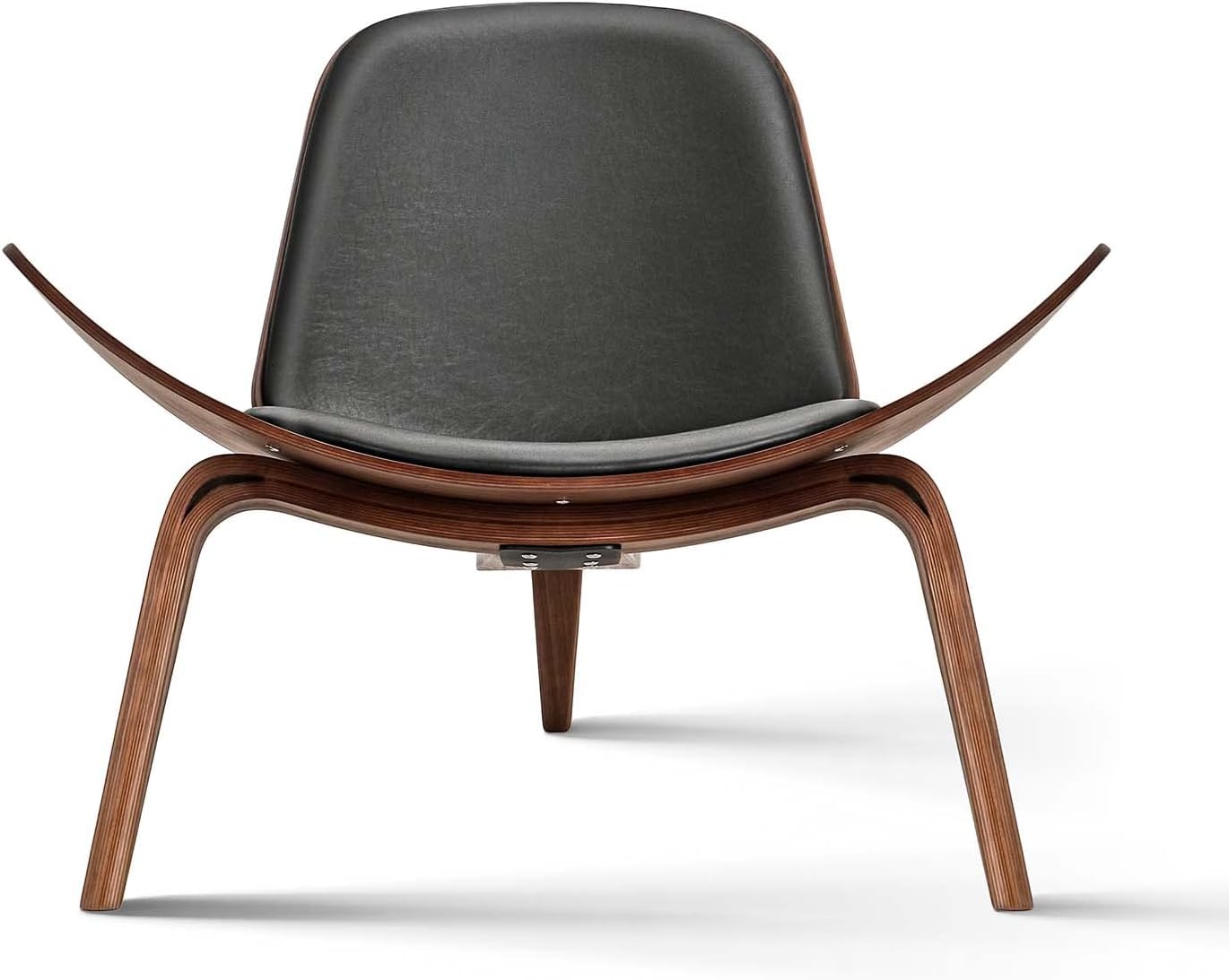 The CH07 Shell Lounge Chair – Walnut & Black Leather by Refurne, a Hans Wegner style piece with a curved wooden frame, three legs, and black leather upholstery, is displayed elegantly against a white background.