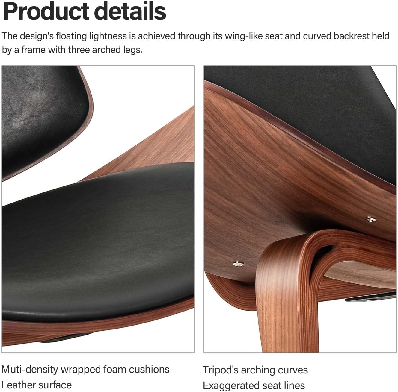 Close-up of a Refurne CH07 Shell Lounge Chair – Walnut & Black Leather, Hans Wenger style. The curved walnut frame, black leather seat, and arched legs showcase its smooth finish and classic mid-century modern design. Brand new replica.