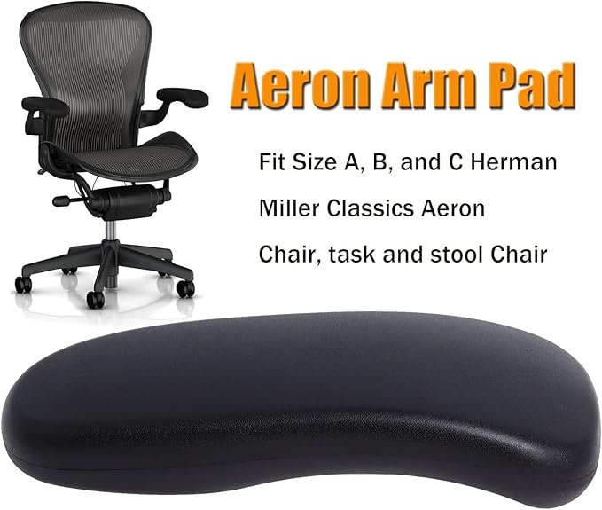 A Refurne Herman Miller Aeron Armpad in black vinyl, shown next to a matching Aeron chair, fits Size A, B & C Classics. Perfect ergonomic replacement armpads for your office chair.