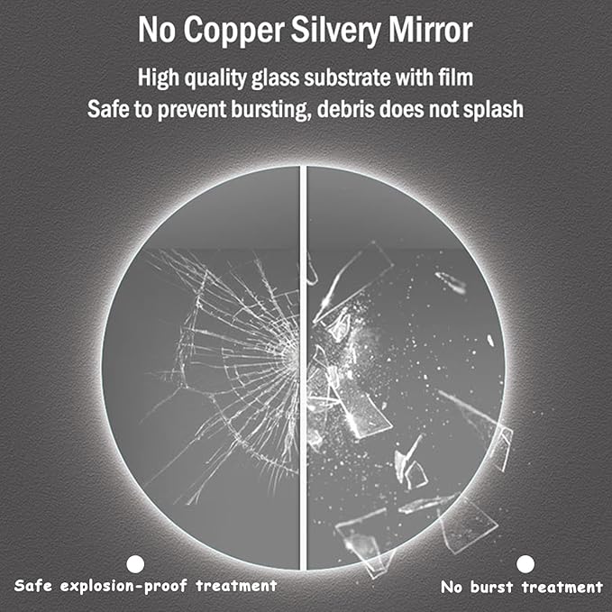 A Refurne Smart LED Bathroom Mirror – Round contrasts its Safe explosion-proof glass (left, intact with cracks) vs. ordinary glass (right, shattered), illustrating the safety benefits of Refurne’s advanced mirror treatment, with text highlighting safety features.