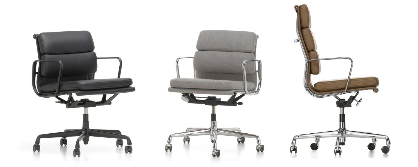Three modern office chairs in black, gray, and tan with padded seats, metal frames, and caster wheels are shown side by side—perfect for pairing with the Refurne Vitra Eames Replacement Gas Lift Cylinder (195mm/215mm/230mm).