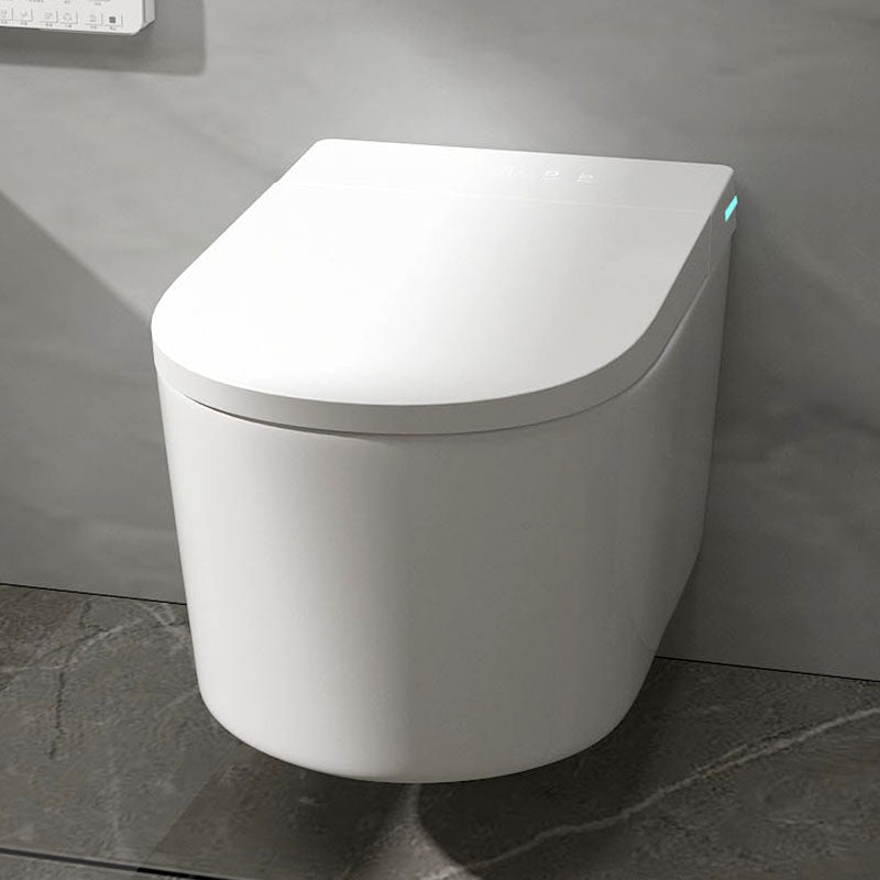 The Refurne Japanese Wall Hung Smart Bidet Toilet Frame Set features a concealed tank, heated seat, touchless remote control, P-trap, UV sterilization, and instant heating in a sleek white modern design against gray tile.