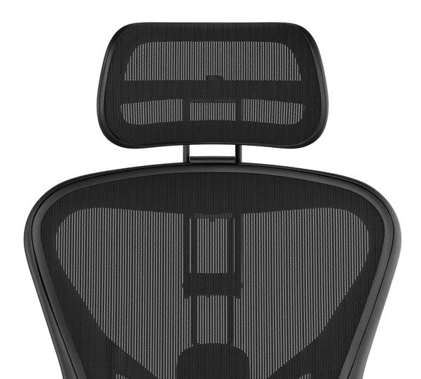A close-up of the Refurne Atlas Headrest for the Herman Miller Aeron Remastered Chair in Onyx, featuring a modern ergonomic design with a black mesh backrest, visible support structure, and adjustable comfort.