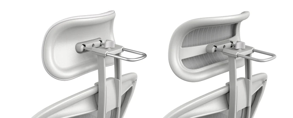 Close-up of two ergonomic chair headrests, including the Refurne Herman Miller Aeron Headrest by Atlas – Cushion Edition (Mineral), side by side to show adjustable mesh features and structural design differences for optimal ergonomic support.