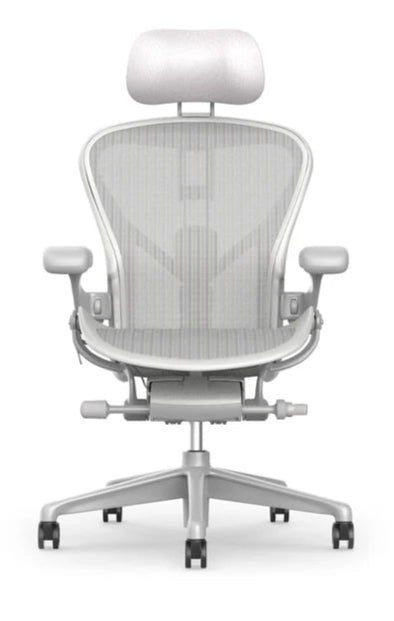 The Refurne Herman Miller Aeron Headrest by Atlas – Cushion Edition (Mineral) is a modern ergonomic office chair accessory, featuring adjustable support and a sleek design, shown from the front against a white background.