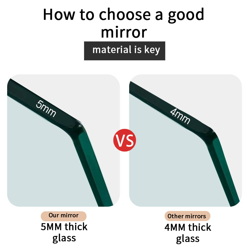 Comparison graphic: Left side—Refurne Smart LED Bathroom Mirror, 5mm thick glass. Right side—Other mirrors, 4mm thick glass. Top text: How to choose a good mirror? Material is key.