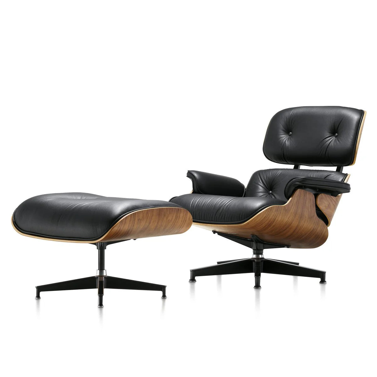 Refurnes Eames Style Lounge Chair & Ottoman features black leather upholstery, curved walnut wood frames, and sleek black metal legs, offering a modern look in a brand new set.