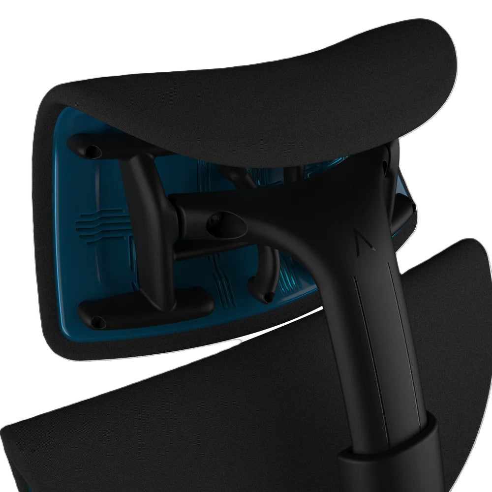 Close-up of the Refurne Atlas Headrest for Herman Miller Embody Gaming Chair - Black Cyan, showing black cushioning, blue plastic back panel, sturdy black frame, and an ergonomic headrest designed for gaming comfort.