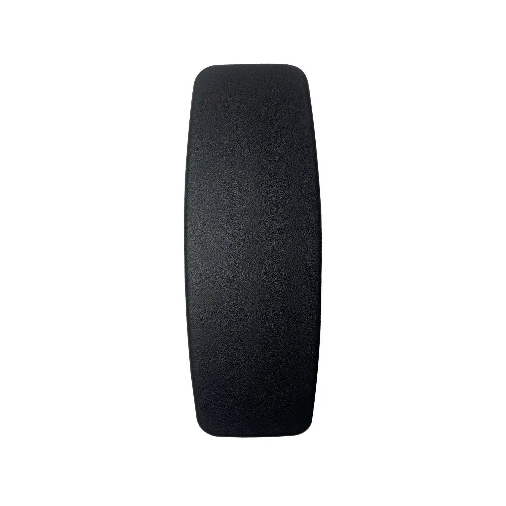 A pair of black, smooth, slightly curved Refurne Steelcase Leap V2 Replacement Arm Pads for ergonomic chairs, viewed from above on a plain white background.