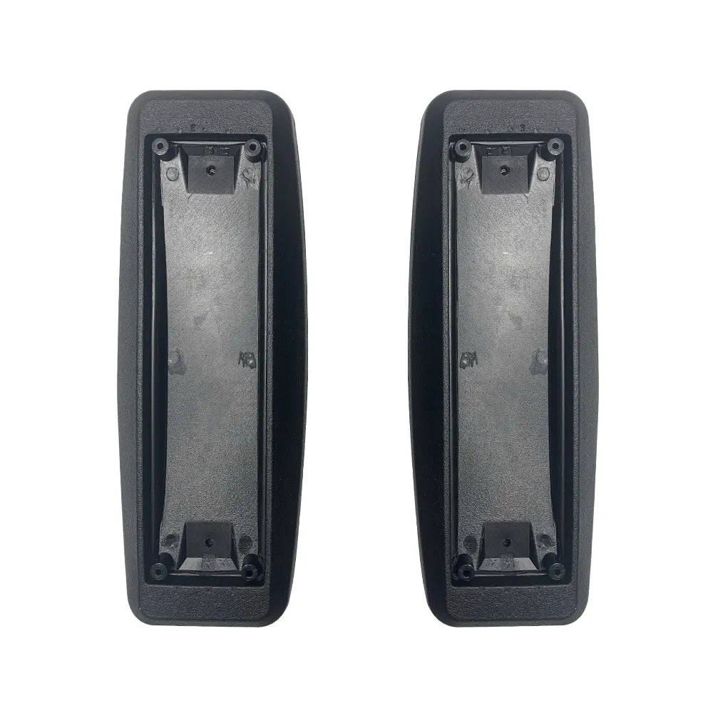 A pair of Refurne Steelcase Leap V2 Replacement Arm Pads in black, each with a rectangular shape and four screw holes, stand vertically side by side on a white background—ideal ergonomic replacements for your chair.