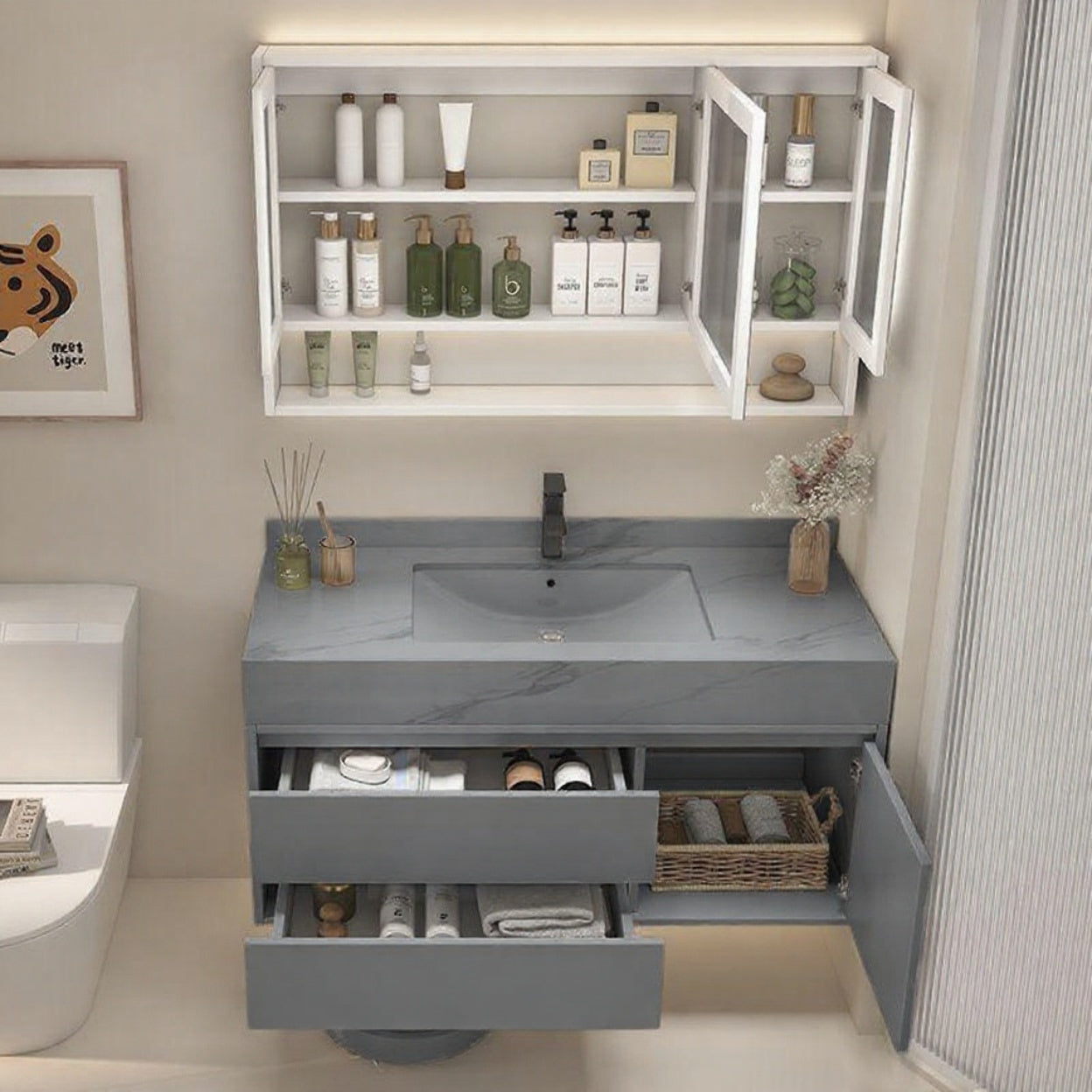 Modern Floating Rock Slate Countertop Wash Basin – Marble Effect Ceramic Sink with Optional Matching Base Panel or Cabinet | 800 x 500mm | 3 Colors