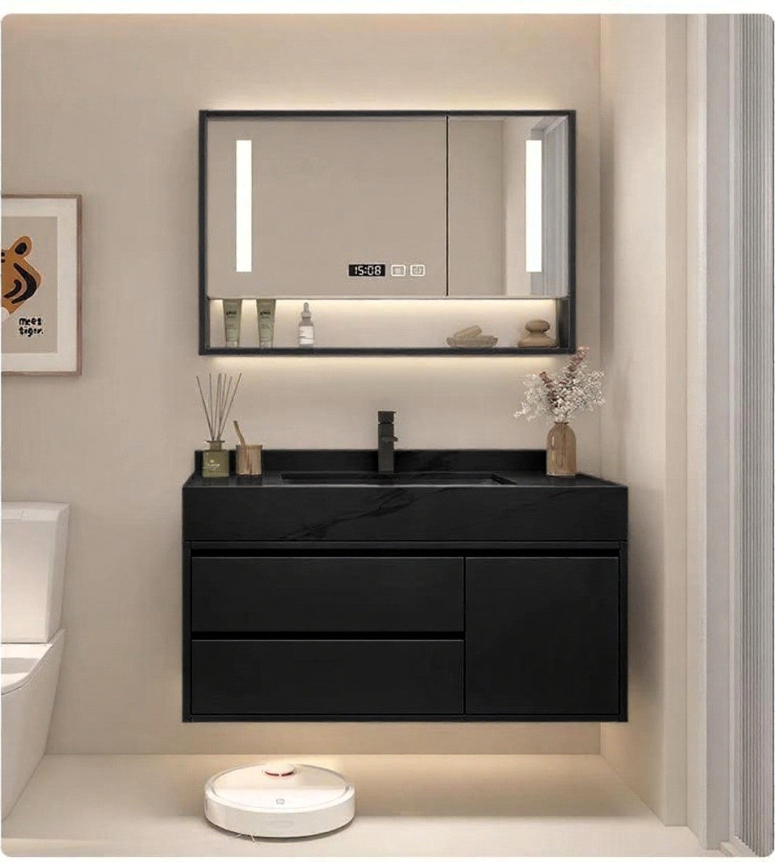 Modern Floating Rock Slate Countertop Wash Basin – Marble Effect Ceramic Sink with Optional Matching Base Panel or Cabinet | 800 x 500mm | 3 Colors