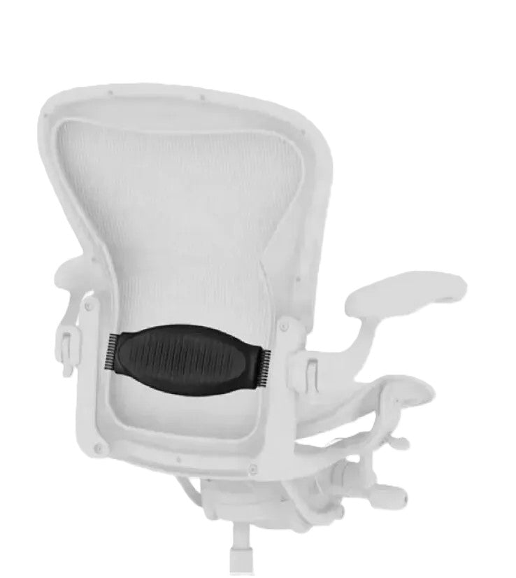 A white ergonomic office chair viewed from the back, upgraded with the Refurne Lumbar Support Height Adjustable for Herman Miller Aeron Chair A, B, C attached across the lower mesh backrest for enhanced comfort.