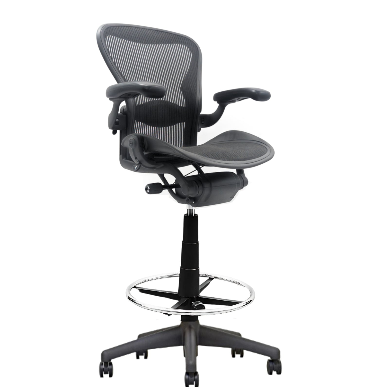 The Refurne Herman Miller Aeron Lumbar Stool Chair Size B (MK2) is a fully loaded, ergonomic drafting chair with a mesh seat and back, adjustable arms, foot ring, and five-wheel base—ideal for use with standing desks.