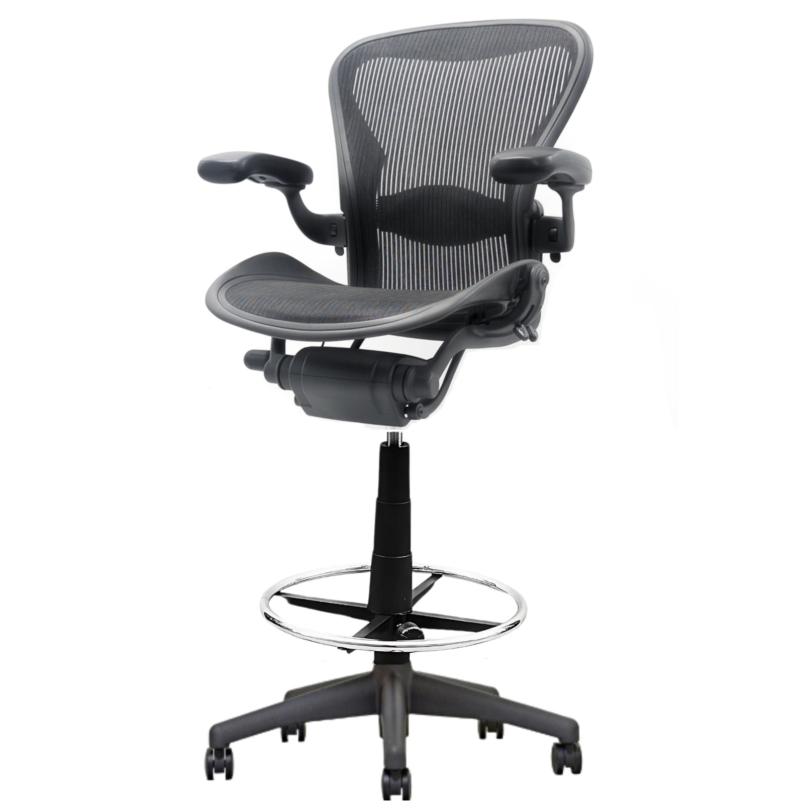 The Refurne Herman Miller Aeron Lumbar Stool Chair Size B – Fully Loaded (MK2) offers a mesh backrest, adjustable armrests, foot ring, and wheeled base—ideal as a standing desk stool for ergonomic comfort and support.