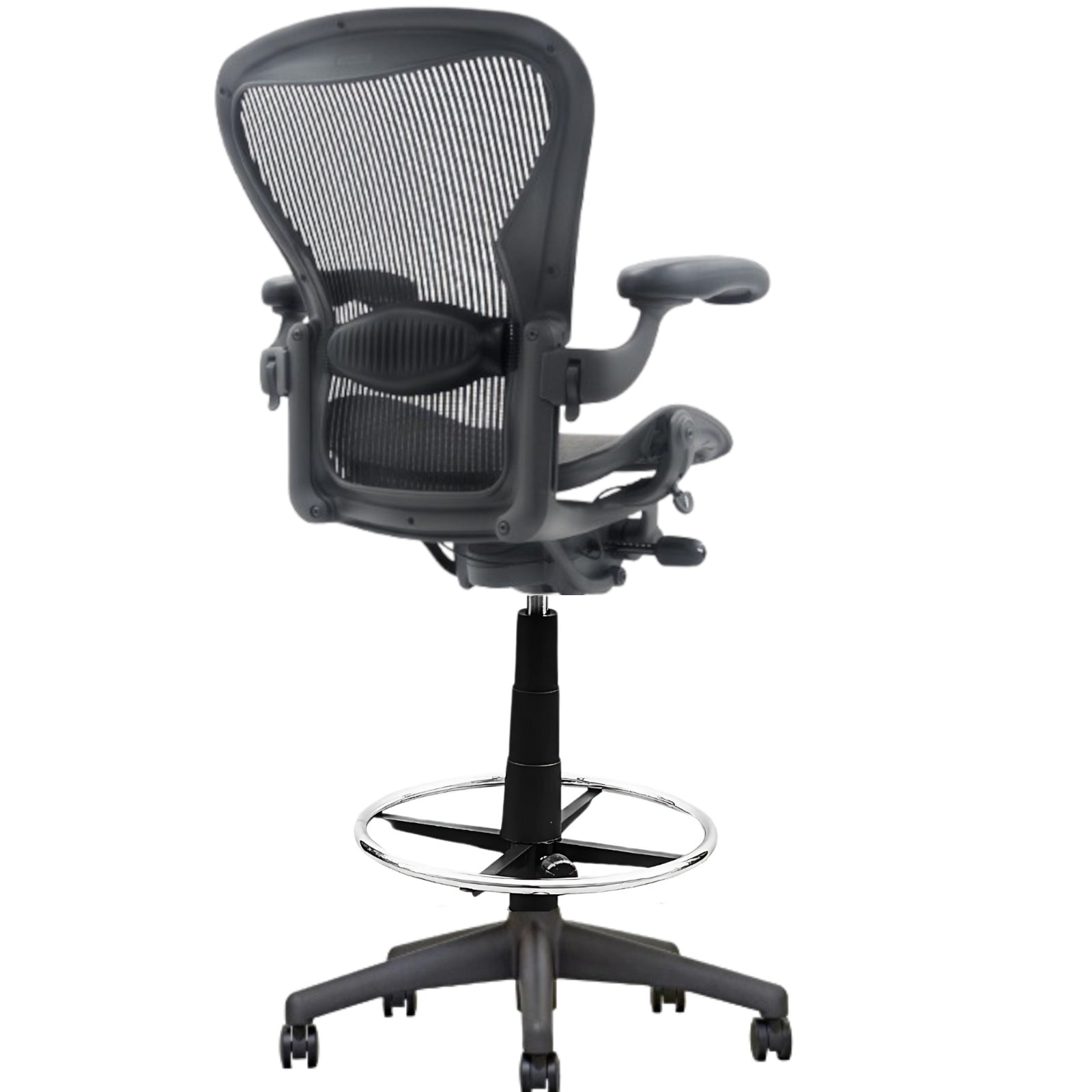 The Refurne Herman Miller Aeron Lumbar Stool Chair Size B – Fully Loaded (MK2) is a black ergonomic drafting chair with mesh back, adjustable armrests, tall base, circular footrest, and five caster wheels. Shown from behind on a white background.