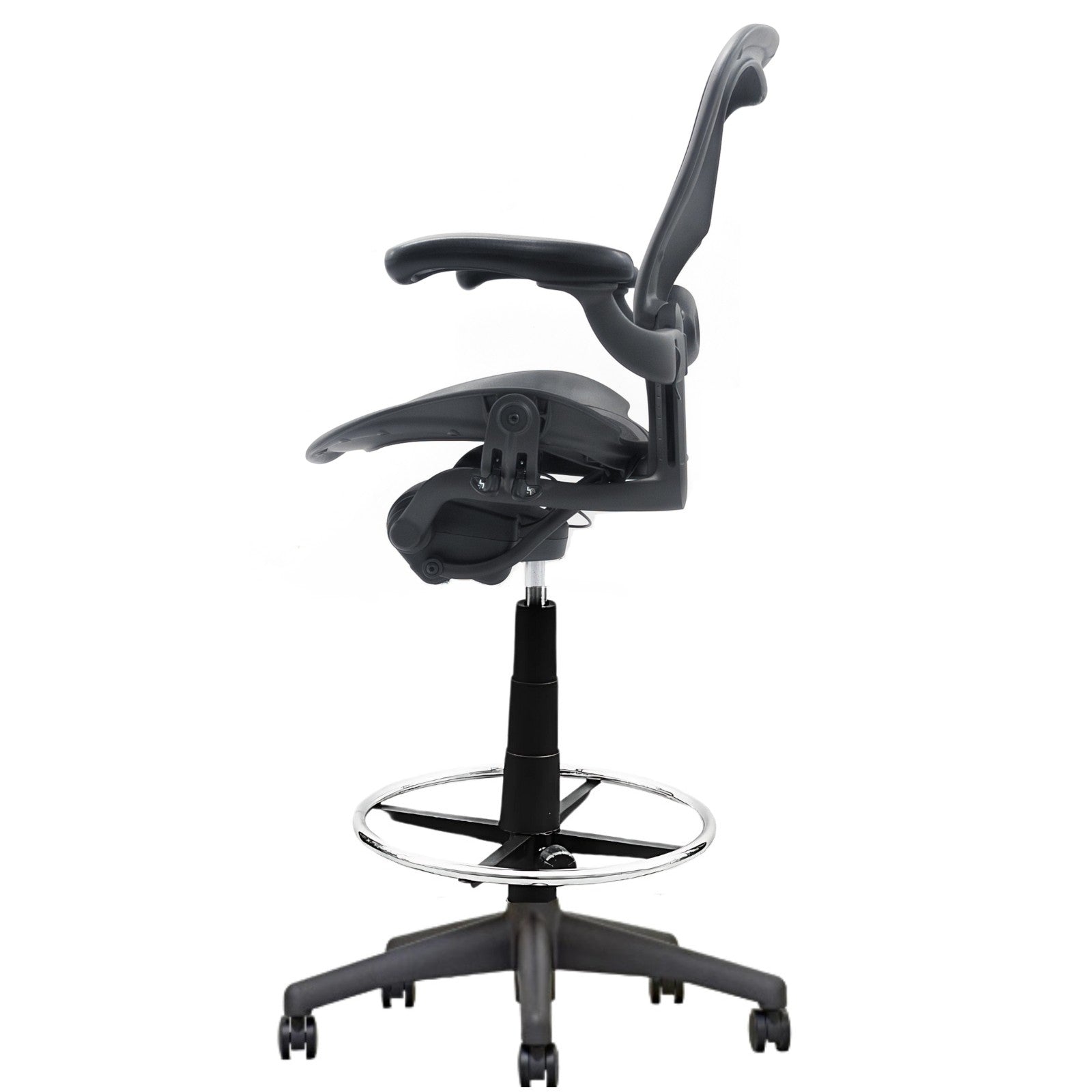 Side view of the Refurne Herman Miller Aeron Lumbar Stool Chair Size B – Fully Loaded (MK2), a modern black ergonomic drafting chair with adjustable armrests, high back, circular footrest, and five-wheel base—ideal for standing desks.