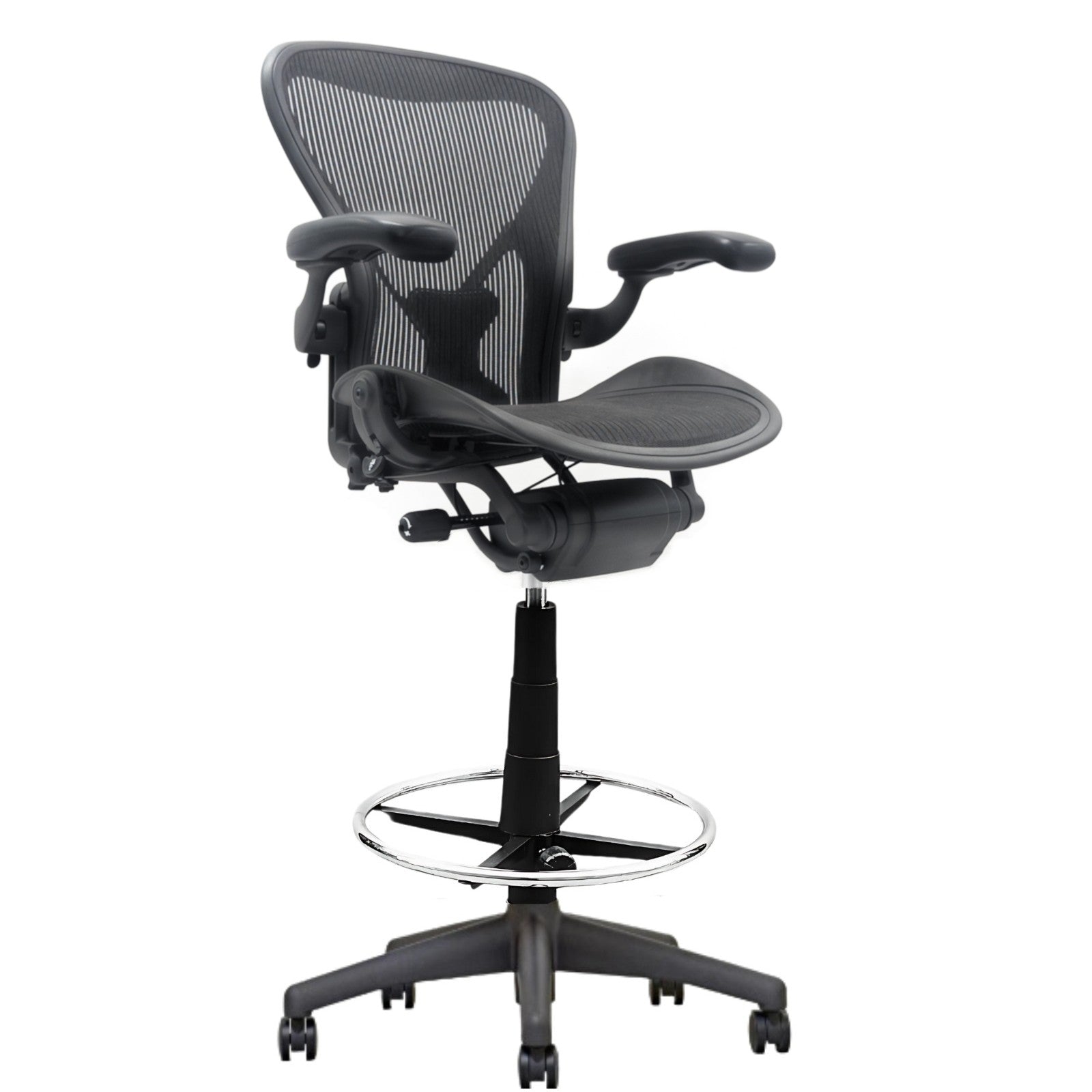 The Refurne Herman Miller Aeron Posturefit Stool Chair Size B – Fully Loaded (MK2) features a black mesh back, adjustable armrests, a chrome foot ring, and a five-wheel base for ergonomic support.