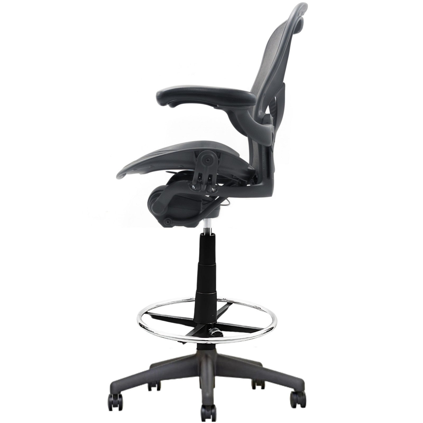 The Refurne Herman Miller Aeron Posturefit Stool Chair Size B – Fully Loaded (MK2) is a black ergonomic stool with armrests, adjustable height base, chrome foot ring, and five caster wheels—perfect as a standing desk chair.