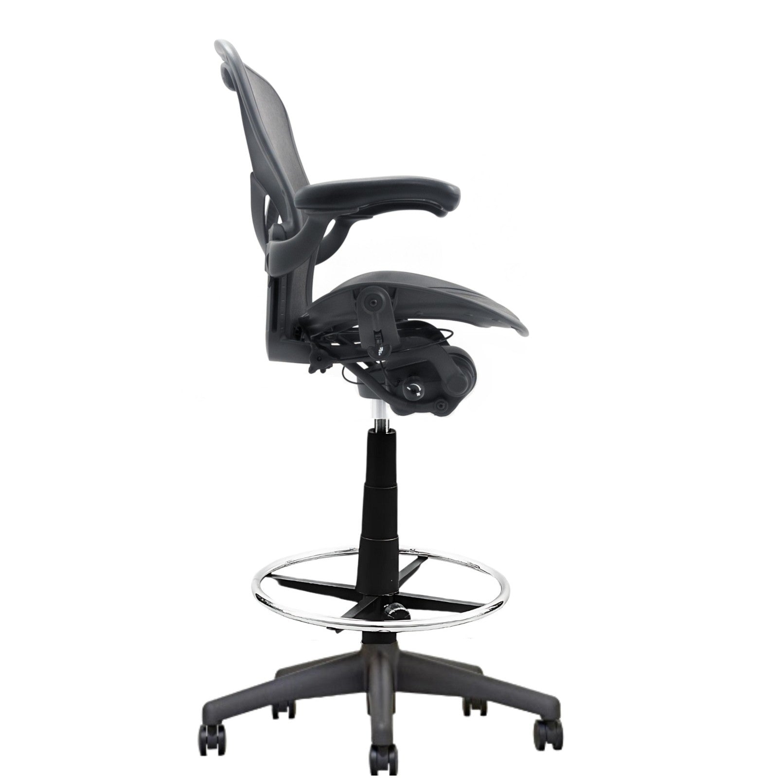 The Refurne Herman Miller Aeron Posturefit Stool Chair Size B (MK2), fully loaded, features a mesh backrest, adjustable armrests, chrome foot ring, wheeled base, and height-adjustable seat—displayed side-on against a white background.