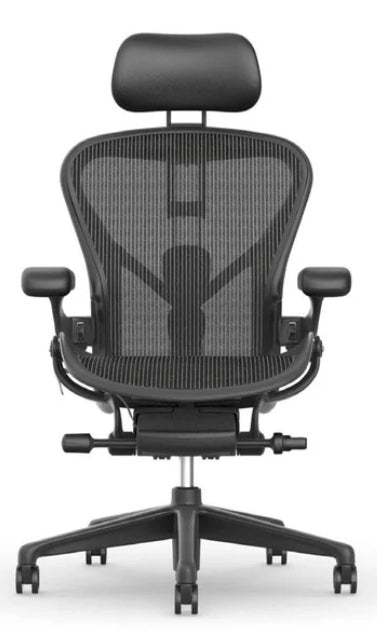 Front view of the Refurne Herman Miller Aeron Headrest by Atlas – Cushion Edition (Graphite), designed for ergonomic comfort and support, featuring a mesh back, adjustable armrests, and a five-wheel base.