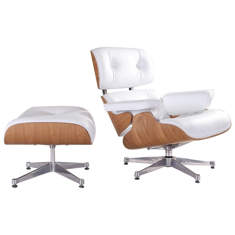 Eames Style Lounge Chair & Ottoman – White Italian Leather with Ash Wood Finish (NEW)