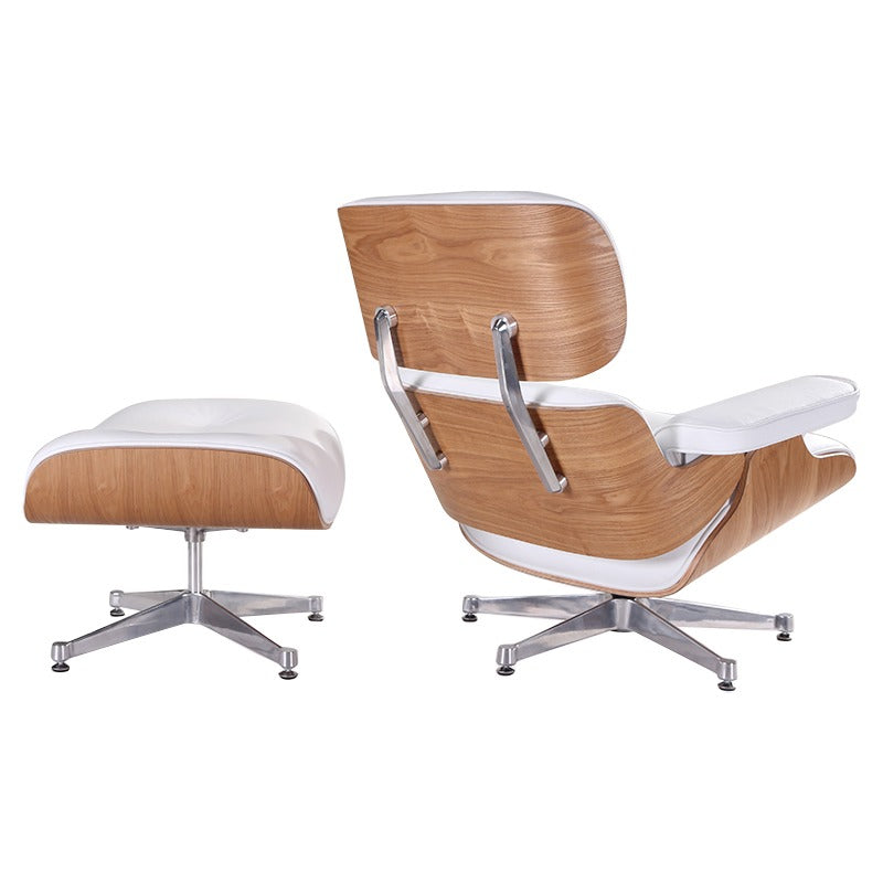 Eames Style Lounge Chair & Ottoman – White Italian Leather with Ash Wood Finish (NEW)