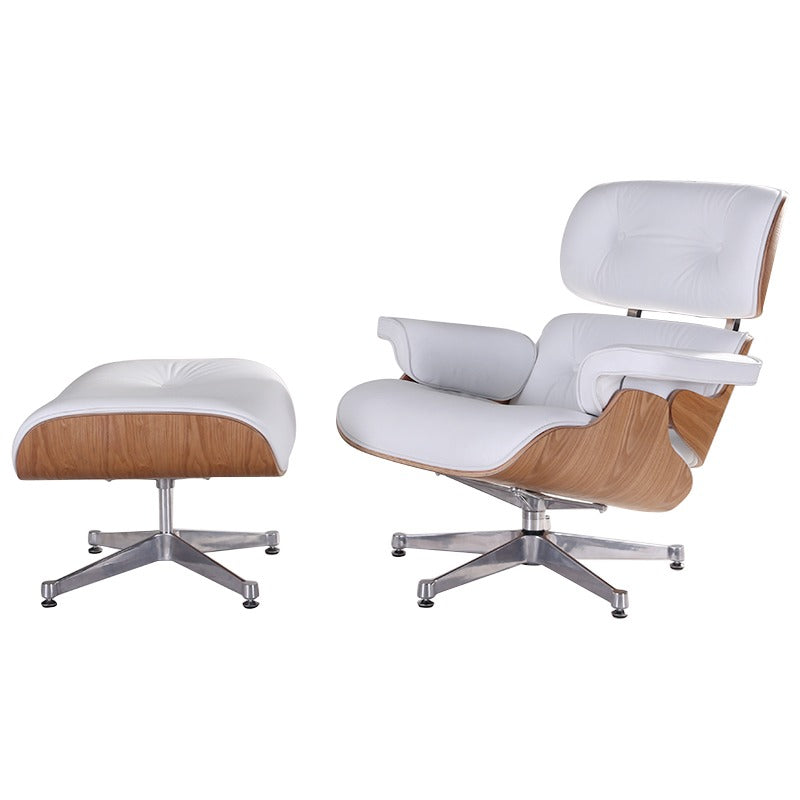 Eames Style Lounge Chair & Ottoman – White Italian Leather with Ash Wood Finish (NEW)