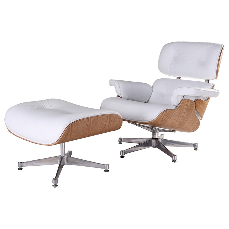 Eames Style Lounge Chair & Ottoman – White Italian Leather with Ash Wood Finish (NEW)