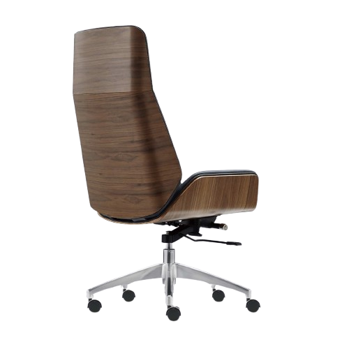 Premium High Back Office Chair Black Italian Genuine Leather | Walnut Wood Frame | Chrome Base
