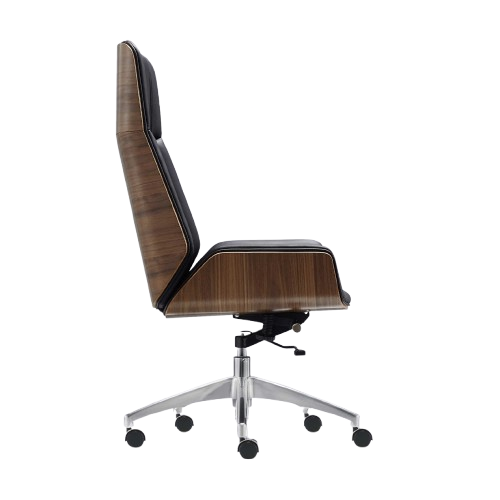 Premium High Back Office Chair Black Italian Genuine Leather | Walnut Wood Frame | Chrome Base