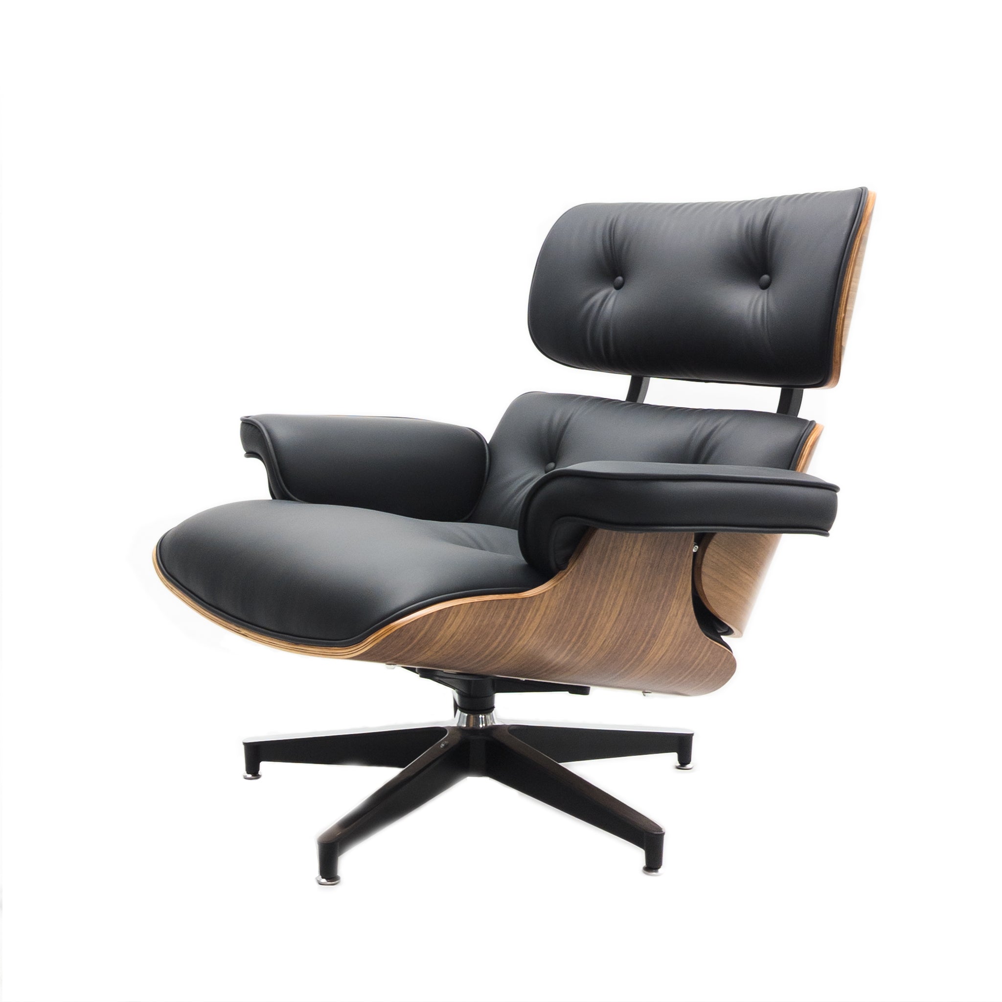 The Refurne Eames Style Lounge Chair & Ottoman features black leather, tufted cushions, a walnut wood-colored curved frame, and a black metal swivel base—brand new and photographed against a white background.