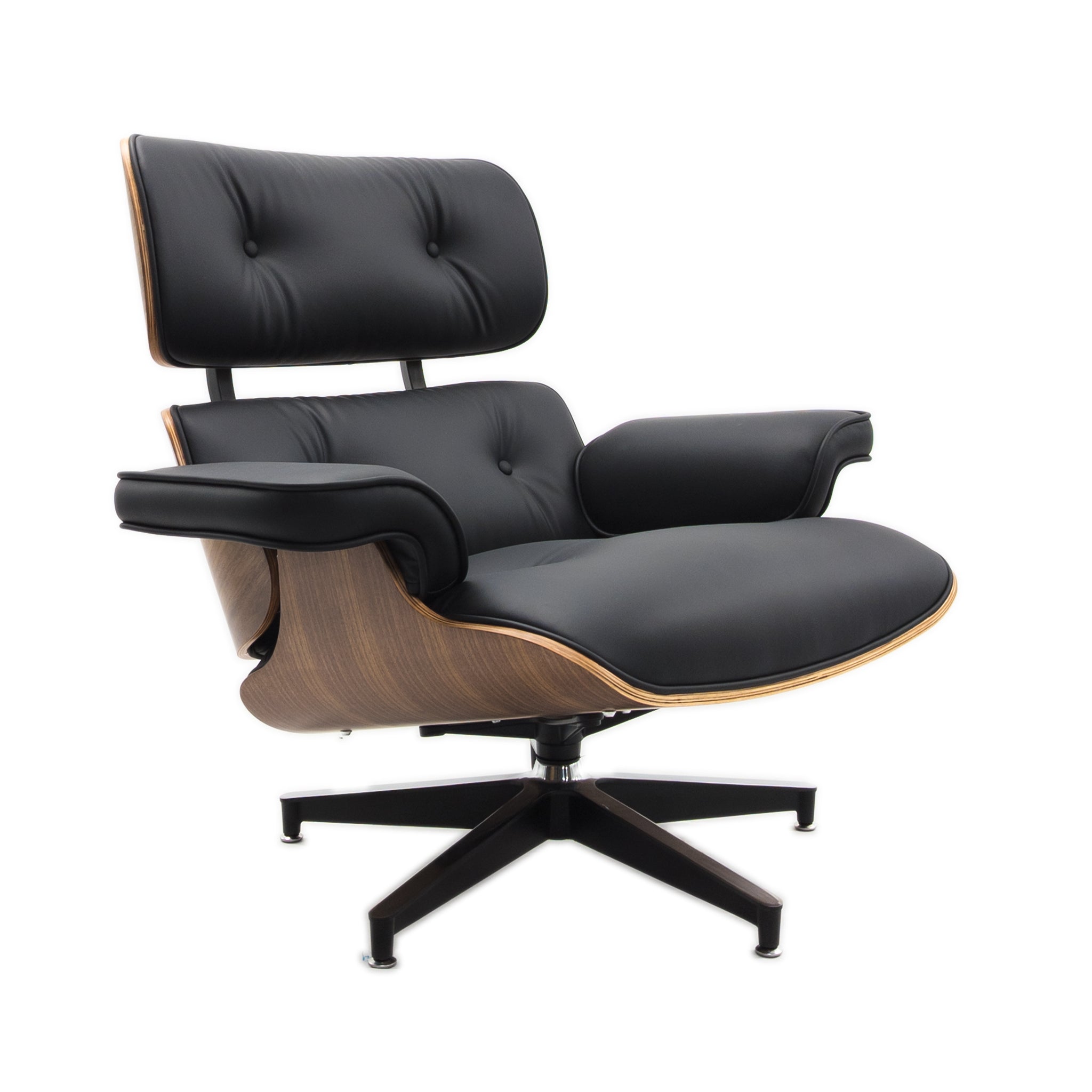 The Refurne Eames Style Lounge Chair & Ottoman features black leather, walnut wood colour, plush cushions, and a black metal swivel base—brand new and set against a white background.
