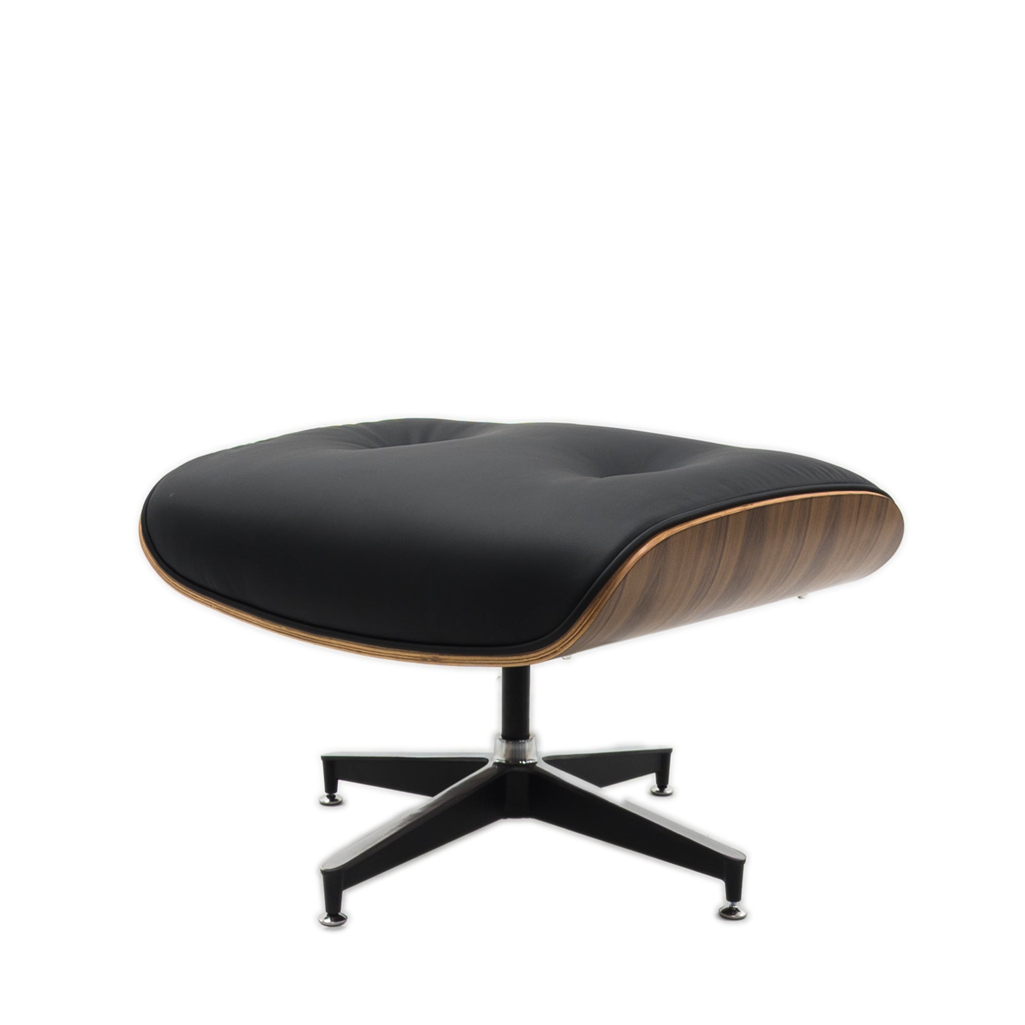 The Refurne Eames Style Lounge Chair & Ottoman features a walnut wood finish, black leather upholstery, and a four-leg swivel base, all set against a white background.