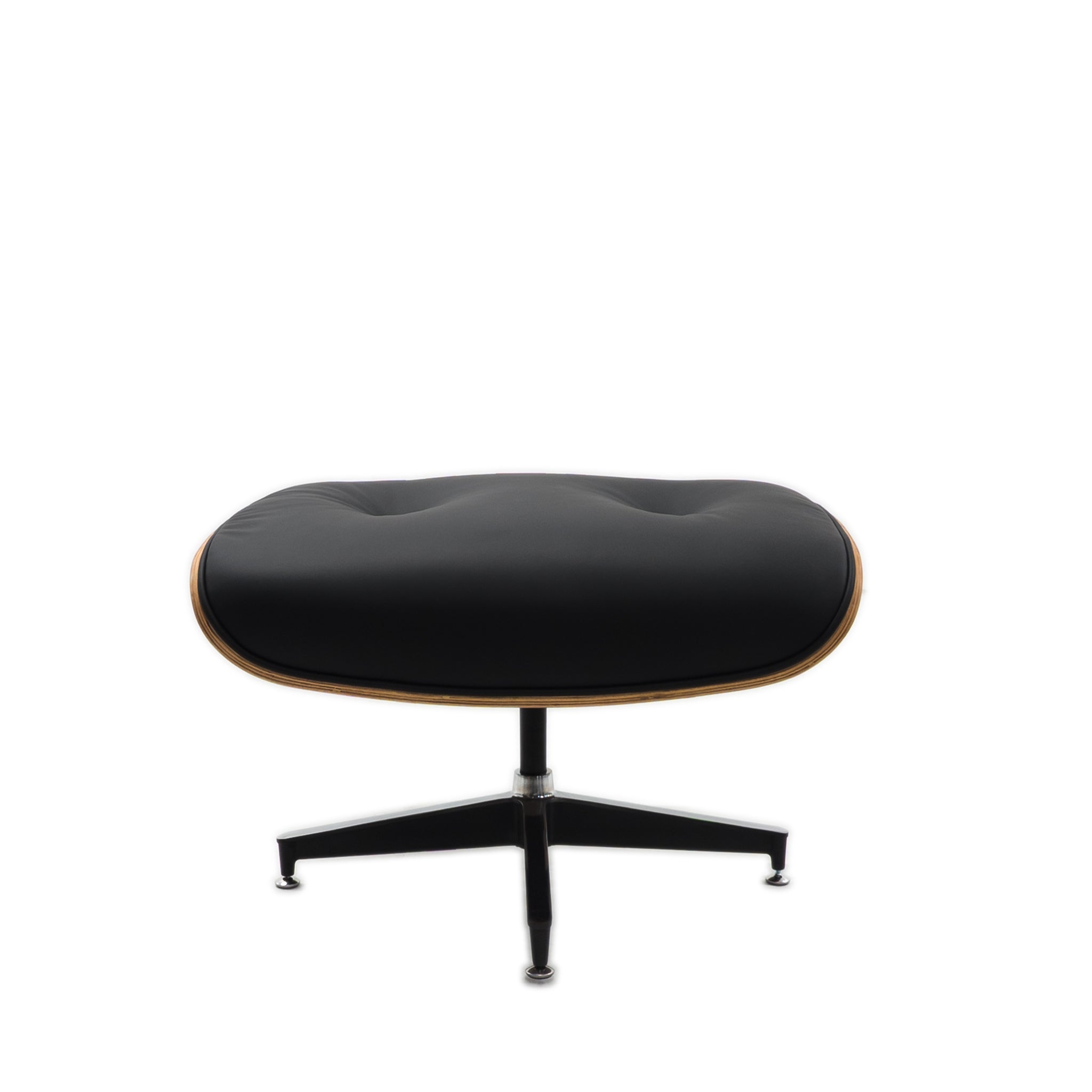 The Refurne Eames Style Lounge Chair & Ottoman features walnut wood and black leather, with a sleek tufted cushion and black metal base—ideal as a modern accent for your space, shown here against a white background.