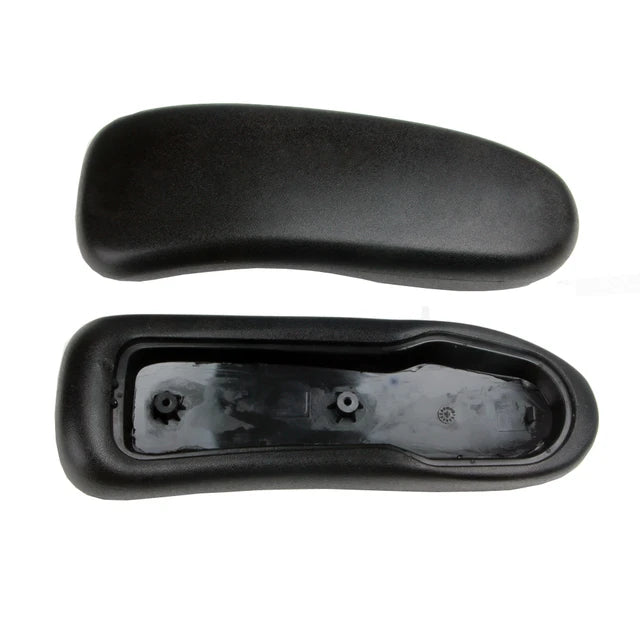 Two Refurne Herman Miller Aeron Armpads in black vinyl (Sizes A, B & C), shown with textured top and plastic underside with mounting points, ideal as ergonomic chair armpads or Aeron replacements, set against a white background.