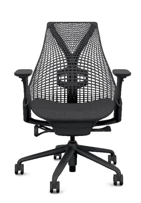 The Refurne Herman Miller Sayl 2 features black 4D adjustable armpads, a mesh backrest, cushioned seat, and five caster wheels—a modern ergonomic office chair and a sleek, sustainable upgrade.