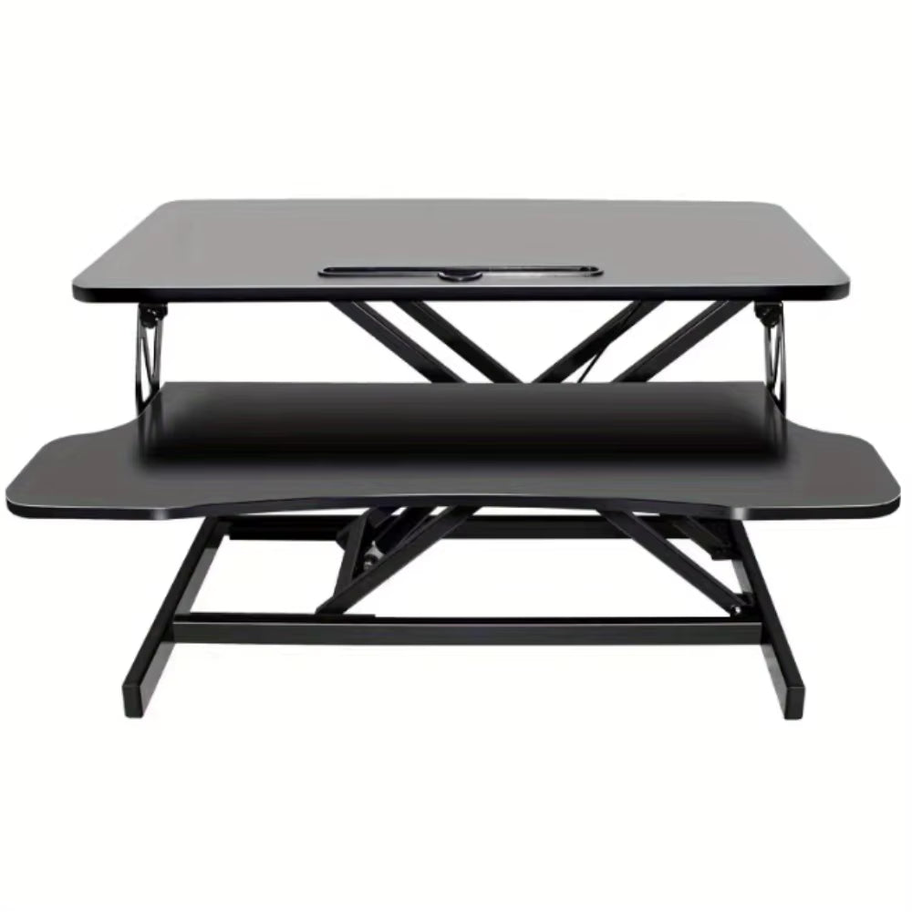 The Refurne Height Adjustable Standing Desk Riser Table, shown from the front, features two tiers for monitor and keyboard support. This black foldable riser creates an ergonomic workstation, making it ideal for optimizing your workspace.