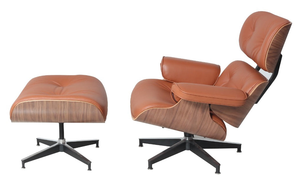 Eames Style Lounge Chair & Ottoman – Tan Italian Leather with Walnut Wood Finish