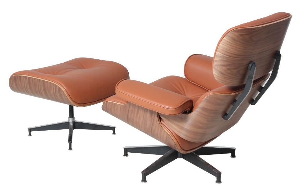 Eames Style Lounge Chair & Ottoman – Tan Italian Leather with Walnut Wood Finish